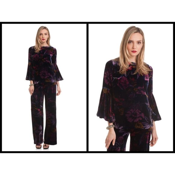 💕TRINA TURK💕 Astral Top ~ Velvet Abstract Floral Long Sleeve Bell Sleeve M NWT - Picture 2 of 13
